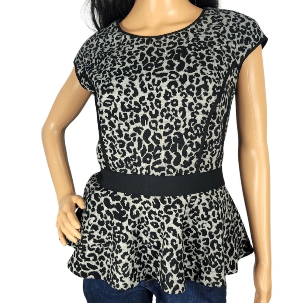 Rebecca Taylor Leopard Grey Black Peplum Top Wool Blend Flattering Shape Size 6